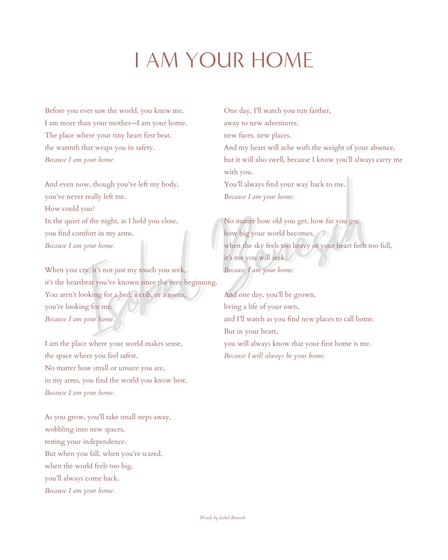I am Your Home - A Printable Poem for New Mothers