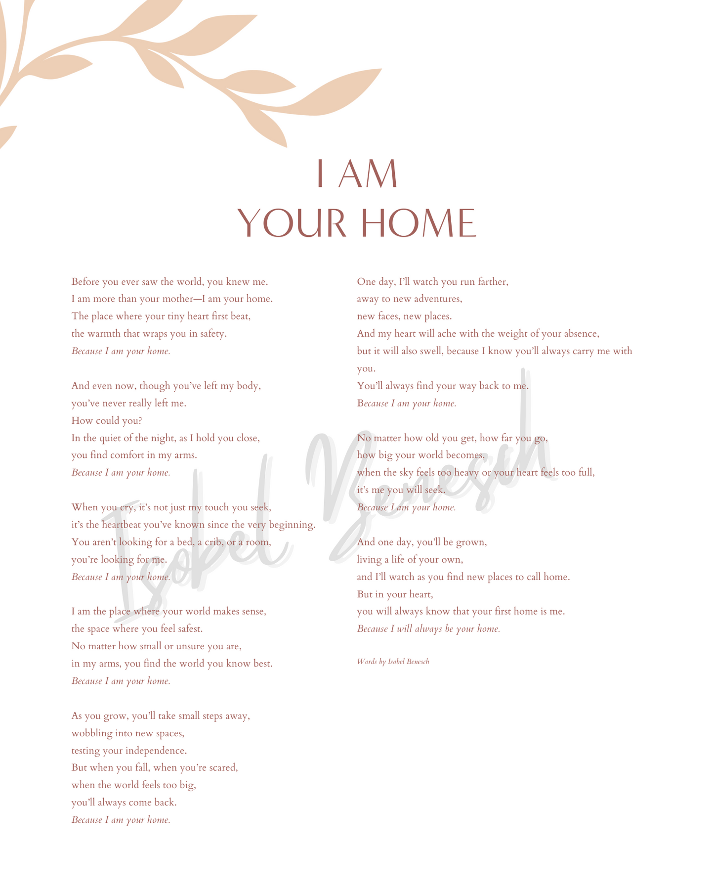I am Your Home - A Printable Poem for New Mothers