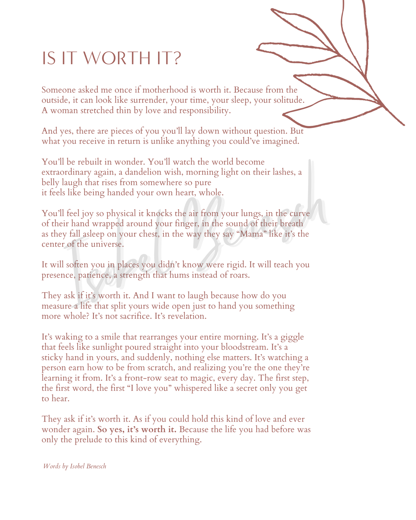 Is It Worth It? - 8x10 Digital Download Printable Poem for Early Motherhood