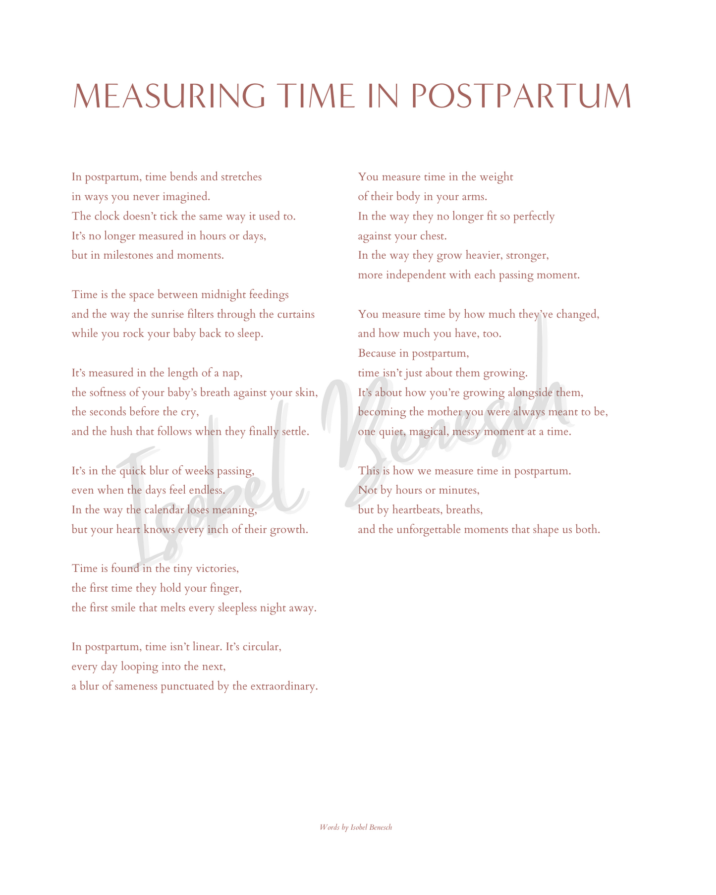 Measuring Time in Postpartum - 8x10 Printable Poem