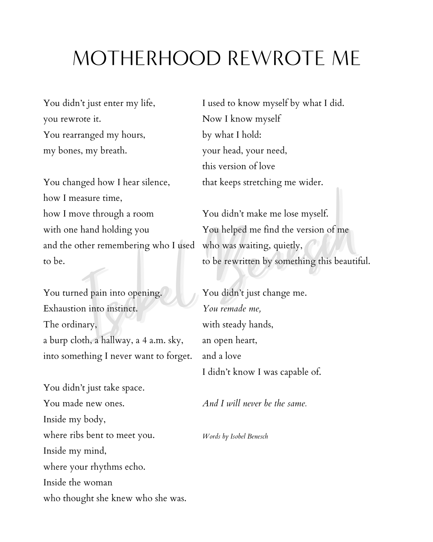 Motherhood Rewrote Me - 8x10 Digital Download Printable Poem