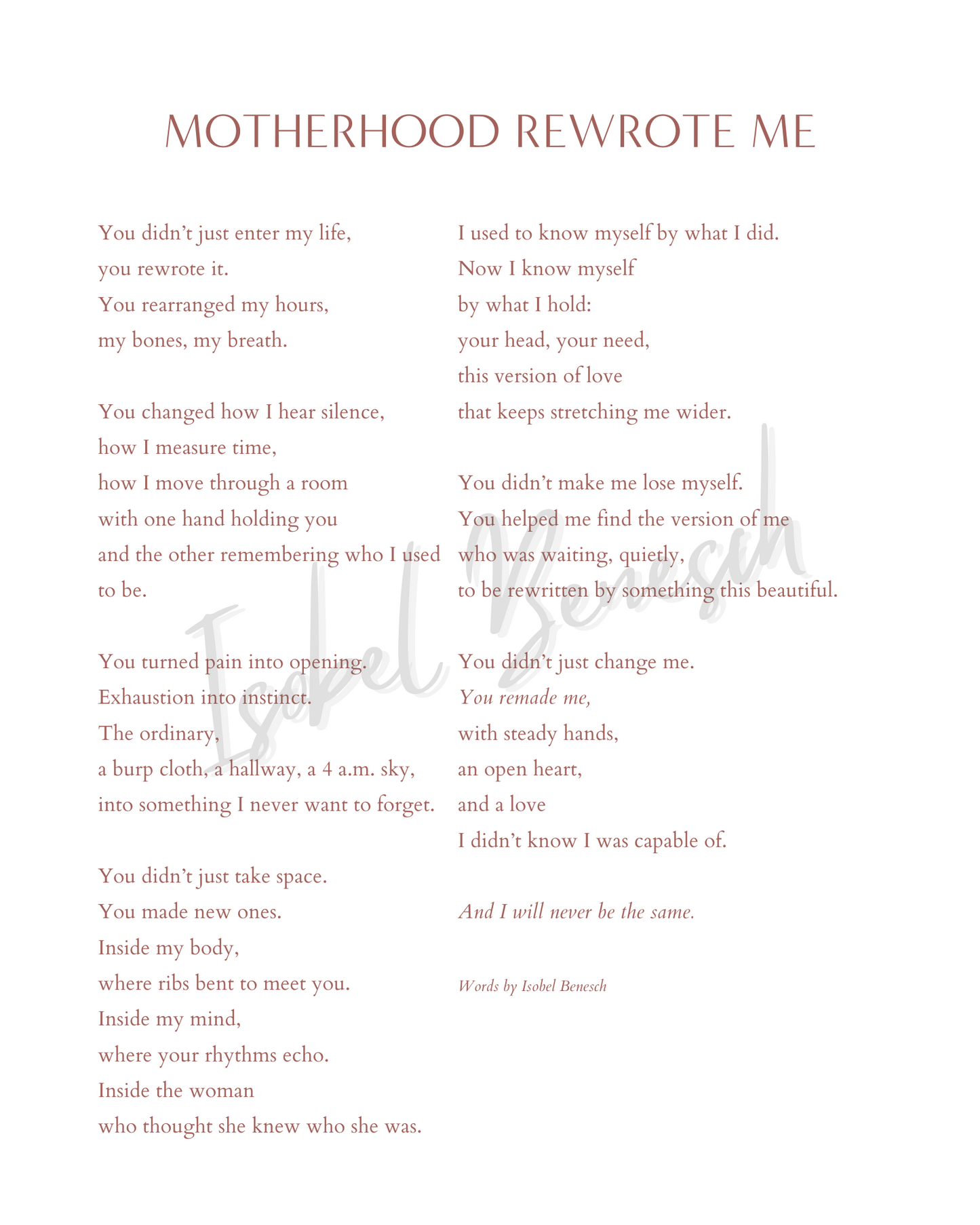 Motherhood Rewrote Me - 8x10 Digital Download Printable Poem
