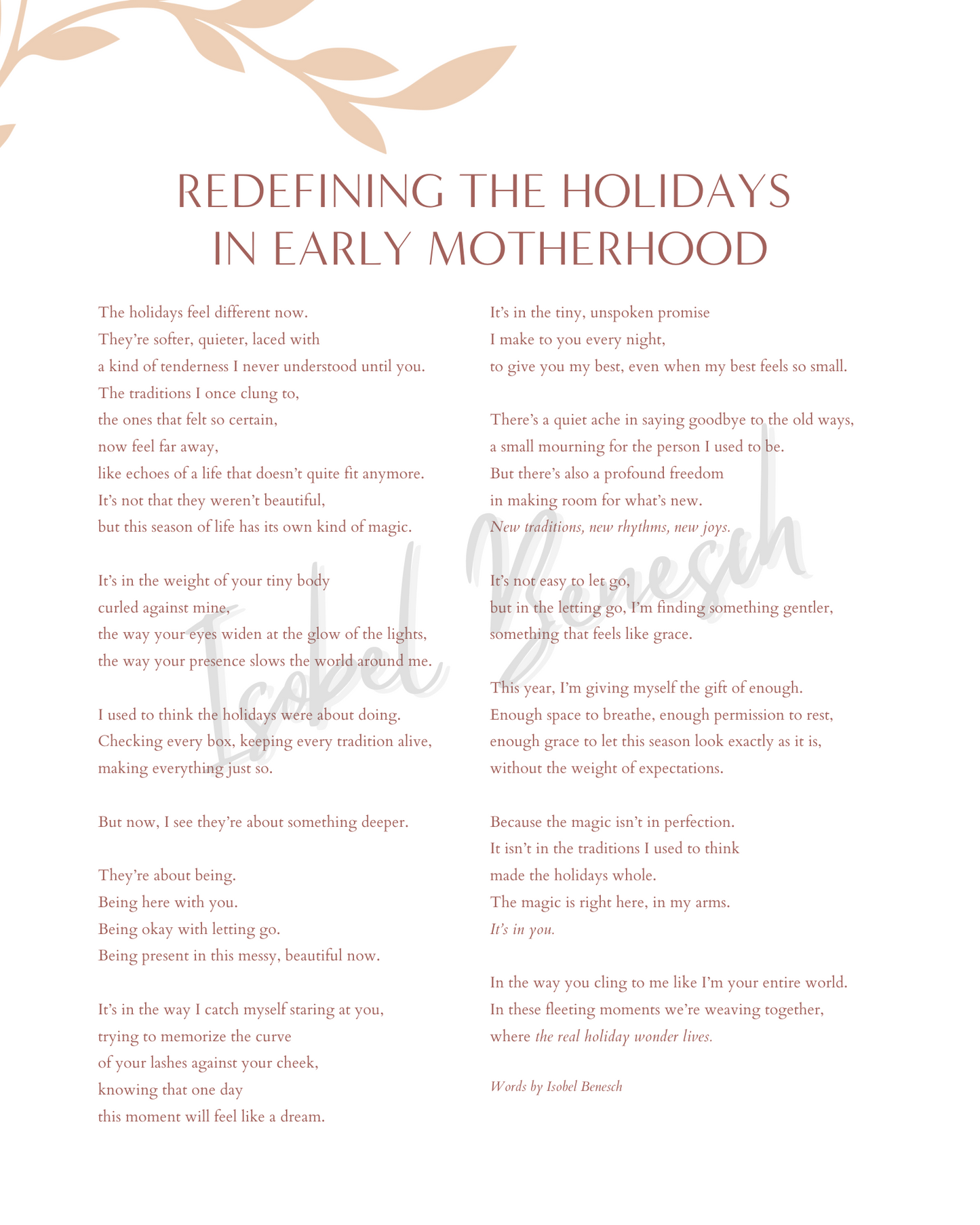 Redefining the Holidays in Early Motherhood: Printable Poem (8x10)