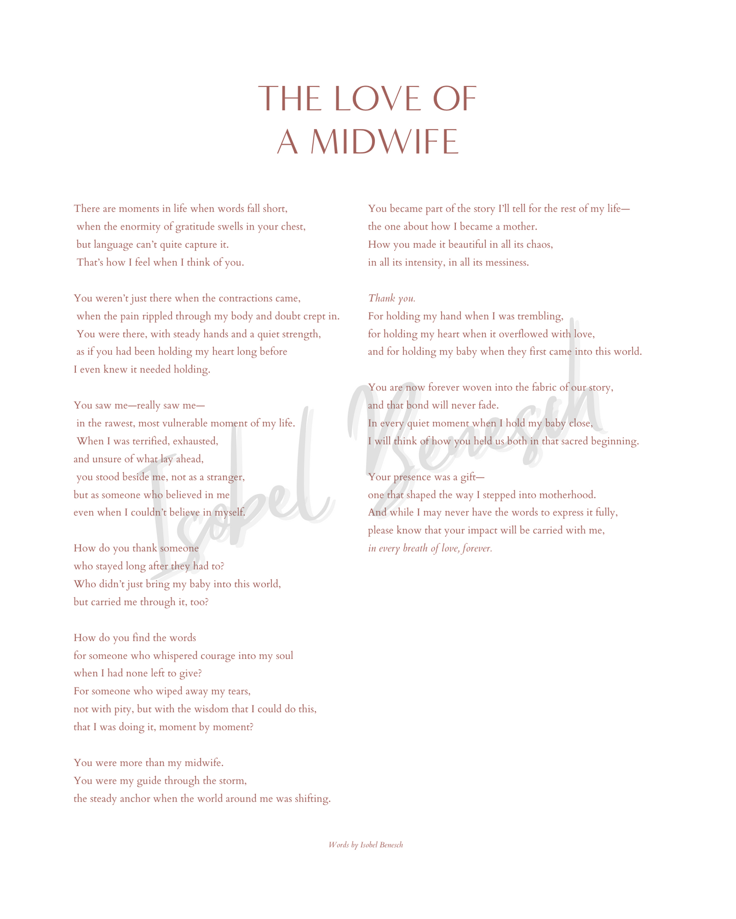 The Love of a Midwife Printable Poem
